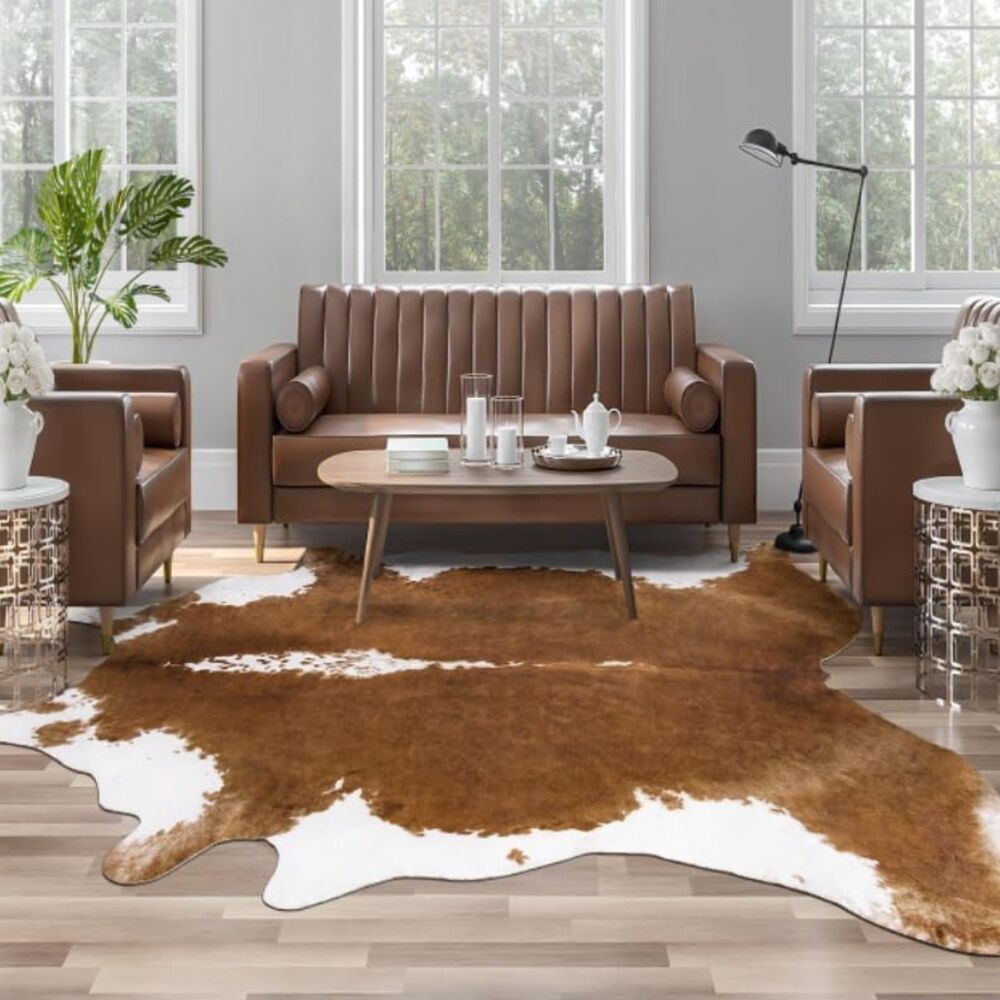 Faux Cowhide Rug 4.6 x 5.2 Feet Large Size Cow Print for Bedroom Living Room